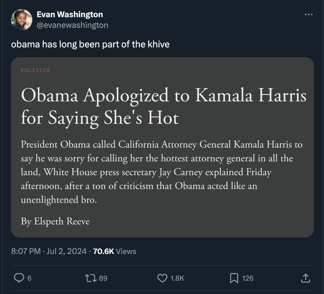 screenshot - Evan Washington obama has long been part of the khive Politics Obama Apologized to Kamala Harris for Saying She's Hot President Obama called California Attorney General Kamala Harris to say he was sorry for calling her the hottest attorney ge